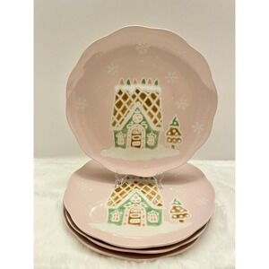 SPECTRUM Set of 4 Pink Gingerbread House Candy Coated HOLIDAY‎ Dinner Plates